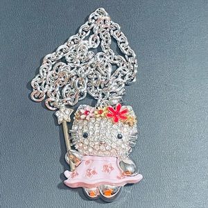 Hello Kitty Fashion 3-D Enameled Pink Rhinestone Necklace Puffy Silver